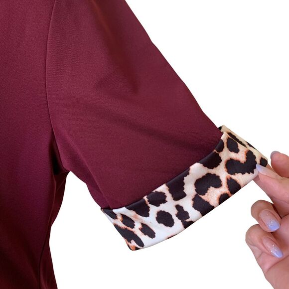 Women’s Burgundy Leopard Trim A-line Midi Dress Size M - Picture 3 of 8